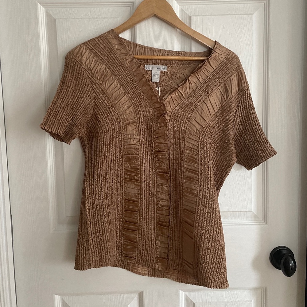 Copper V-Neck Textured Women's Button Down Top